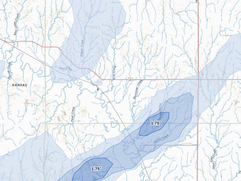 NEXRAD radar-signature map of the hail storm over Glasco, KS on Aug 15, 2026