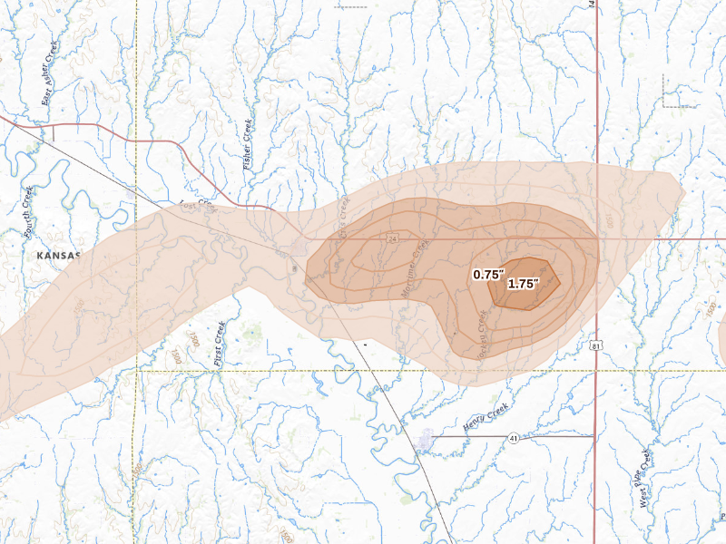 Radar-estimated hail-size map of the storm over Glasco, KS on Sep 19, 2026