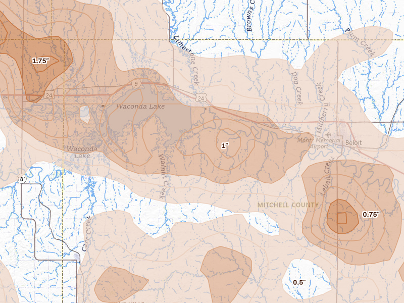 Radar-estimated hail-size map of the storm over Glen Elder, KS on Jun 8, 2026
