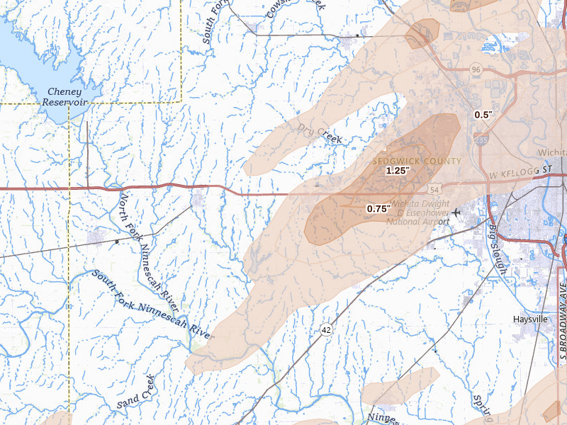 Radar-estimated hail-size map of the storm over Goddard, KS on Apr 17, 2026