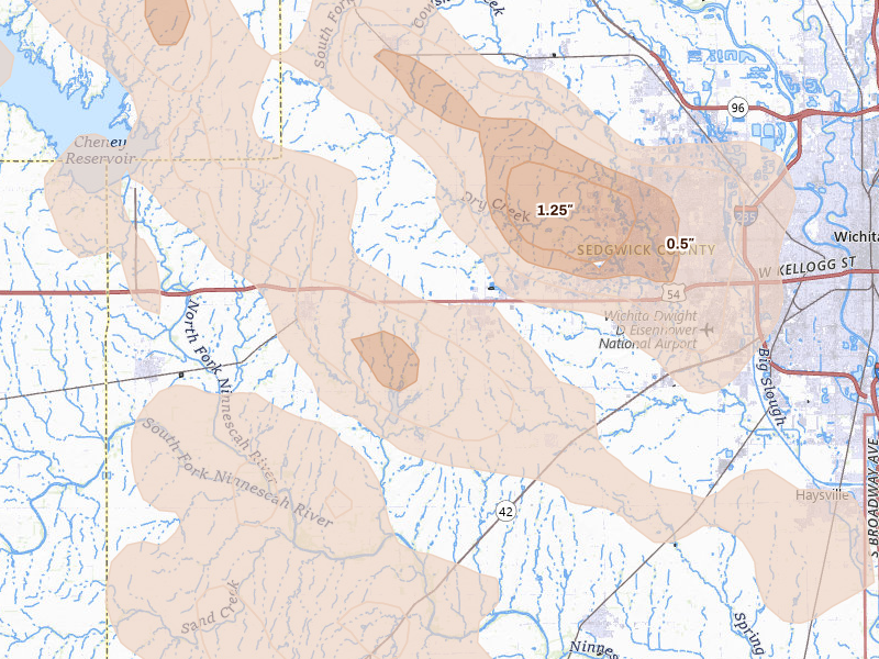 Radar-estimated hail-size map of the storm over Goddard, KS on Jun 25, 2026