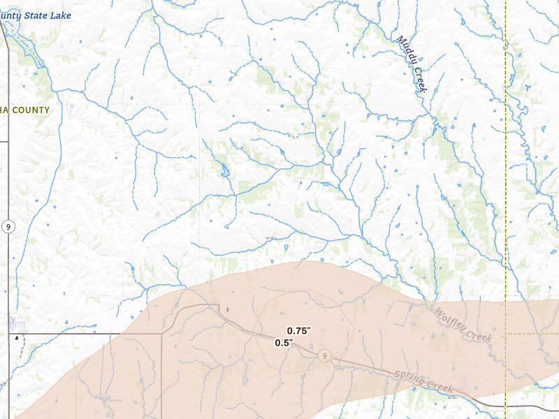 Radar-estimated hail-size map of the storm over Goff, KS on Jul 3, 2026