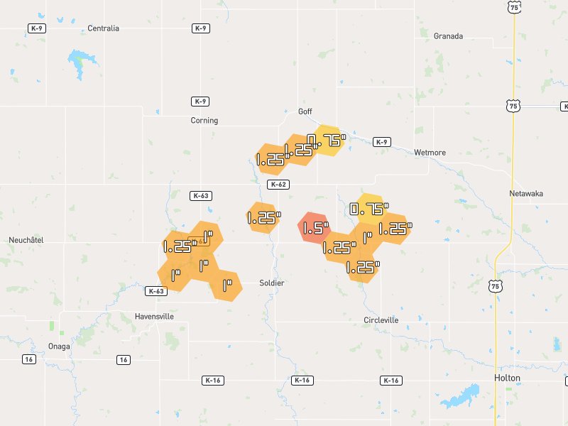 Hail map of Goff, KS on Jul 3, 2026, hail up to 1.5"