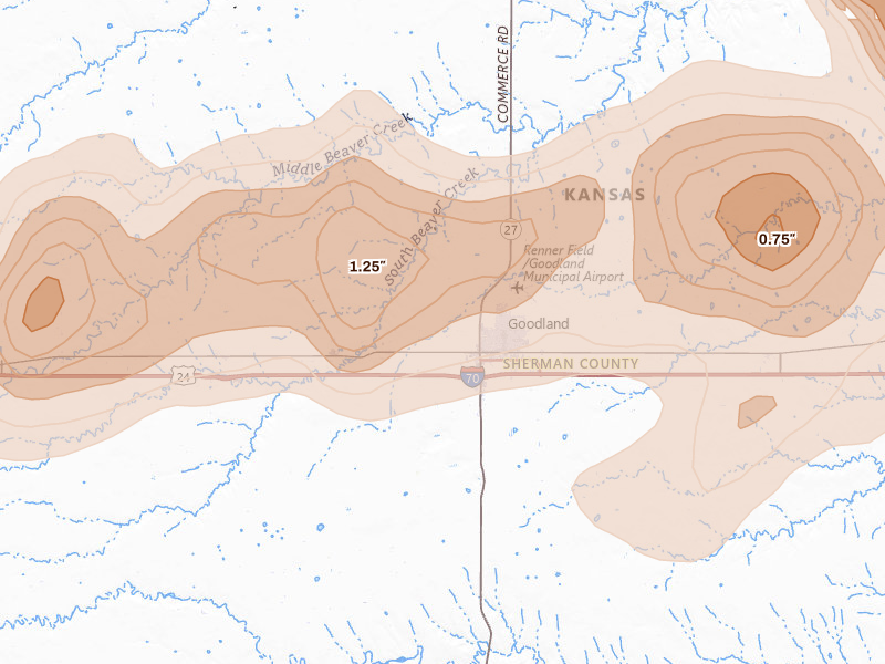 Radar-estimated hail-size map of the storm over Goodland, KS on May 16, 2026