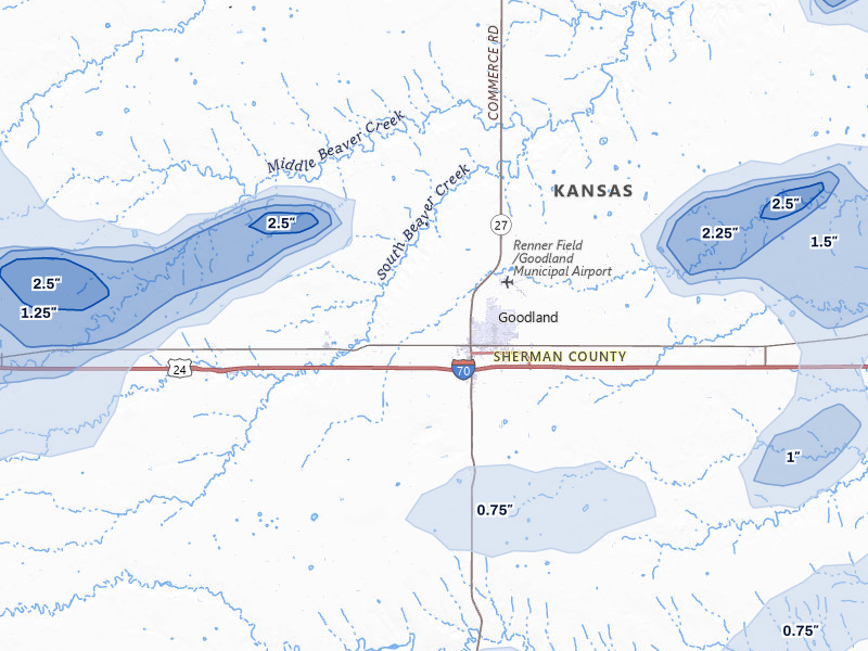 NEXRAD radar-signature map of the hail storm over Goodland, KS on May 16, 2026