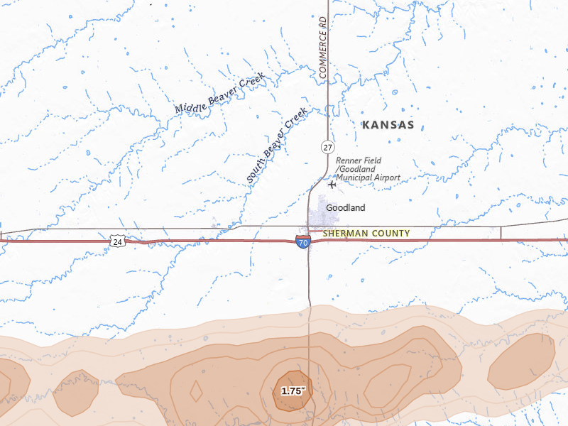 Radar-estimated hail-size map of the storm over Goodland, KS on May 17, 2026