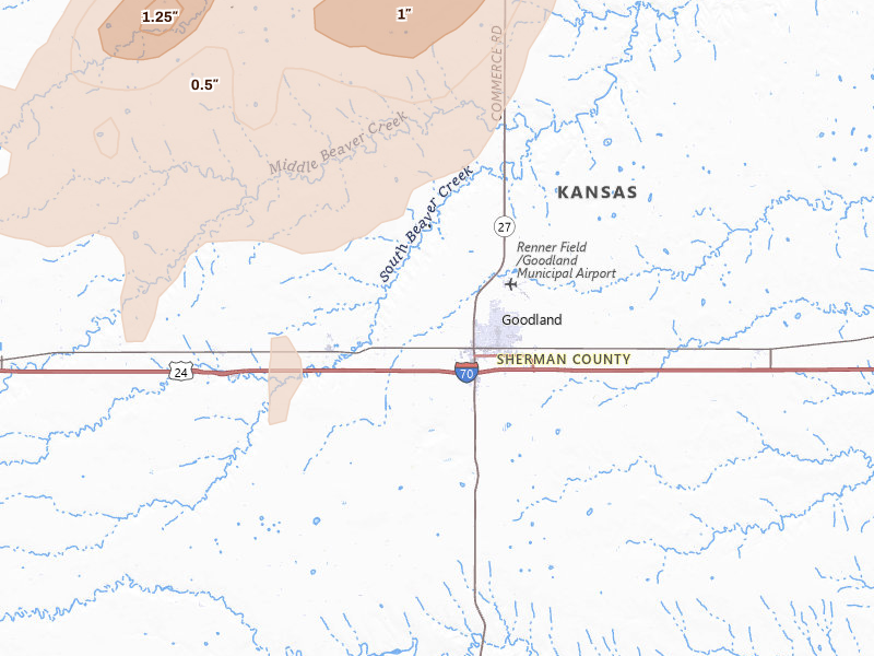 Radar-estimated hail-size map of the storm over Goodland, KS on Jun 1, 2026