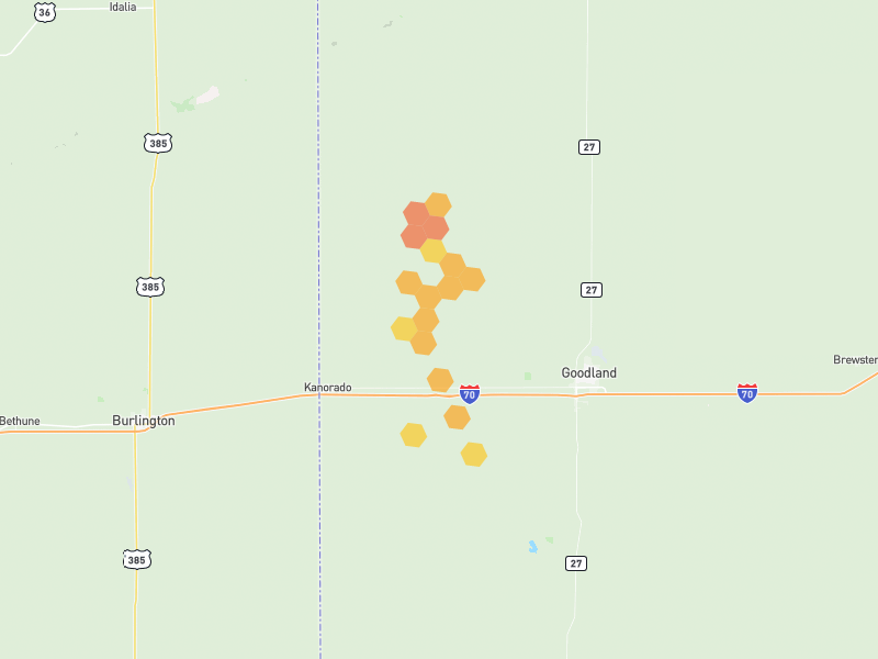Hail map of Goodland, KS on Jun 1, 2026, hail up to 1.75"
