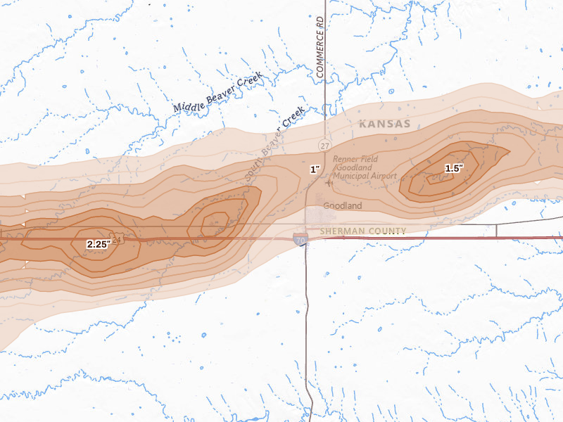 Radar-estimated hail-size map of the storm over Goodland, KS on Jun 8, 2026