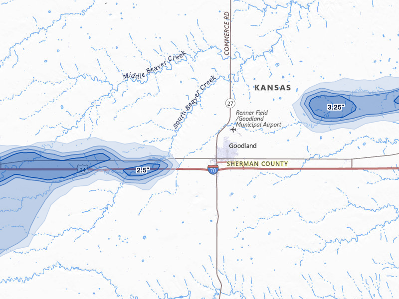 NEXRAD radar-signature map of the hail storm over Goodland, KS on Jun 8, 2026