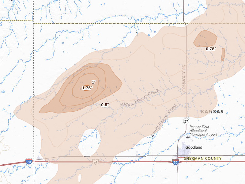 Radar-estimated hail-size map of the storm over Goodland, KS on Jun 20, 2026
