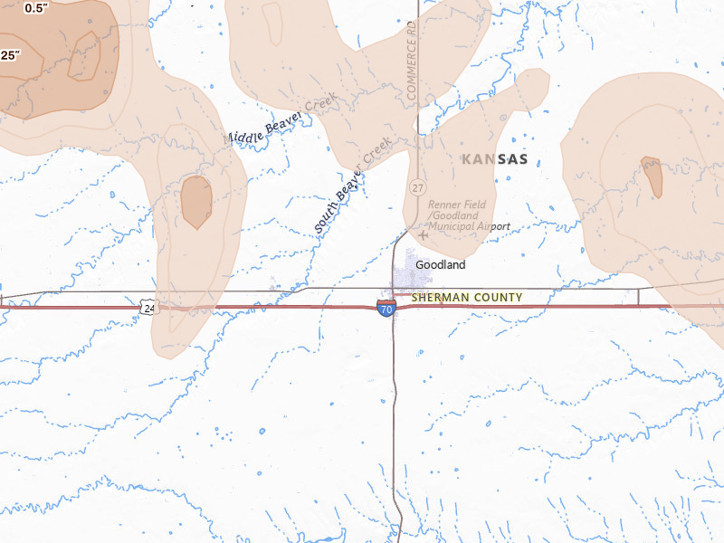 Radar-estimated hail-size map of the storm over Goodland, KS on Jul 3, 2026