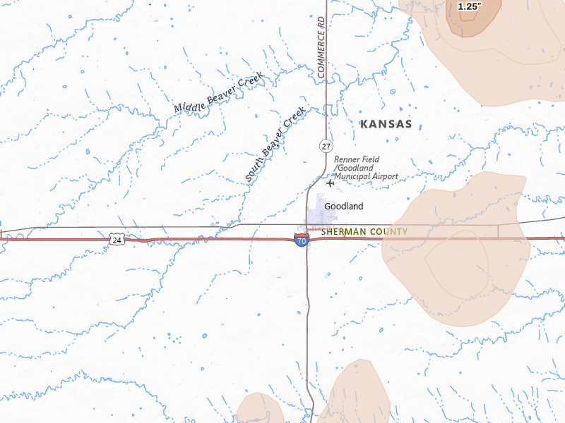 Radar-estimated hail-size map of the storm over Goodland, KS on Jul 9, 2026