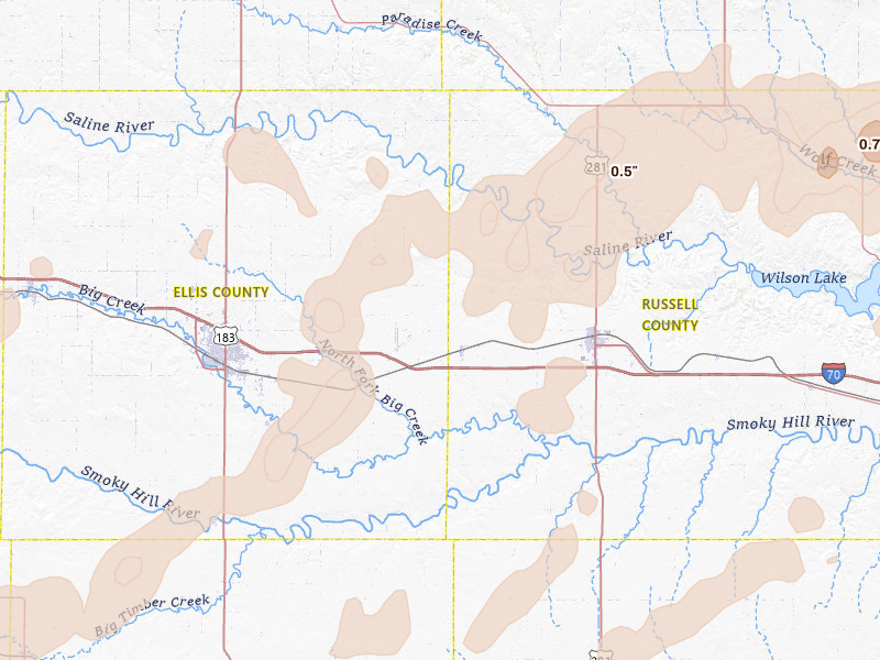 Radar-estimated hail-size map of the storm over Gorham, KS on Apr 26, 2026
