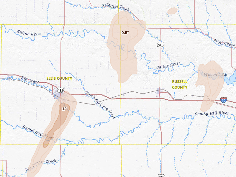 Radar-estimated hail-size map of the storm over Gorham, KS on May 29, 2026
