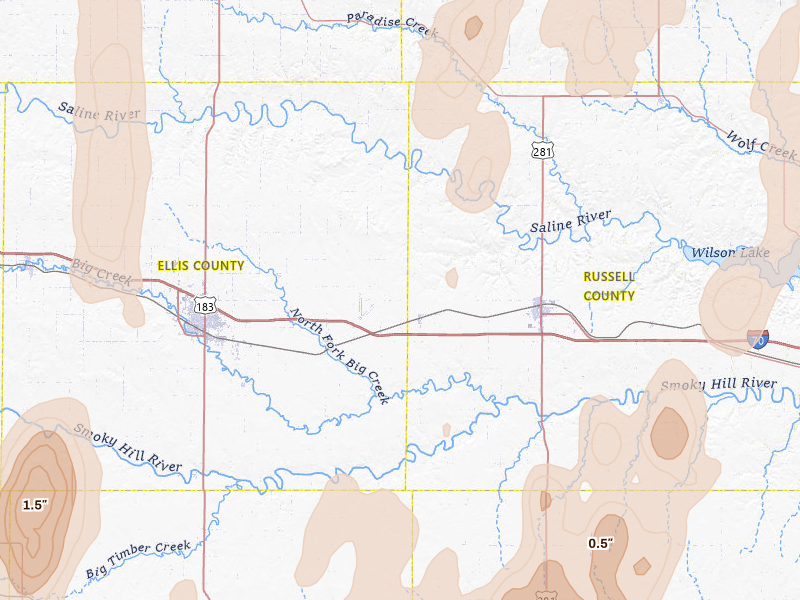 Radar-estimated hail-size map of the storm over Gorham, KS on May 30, 2026