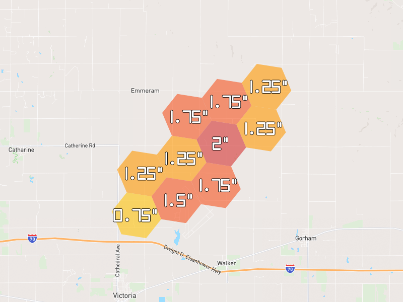 Hail map of Gorham, KS on Jun 9, 2026, hail up to 2"
