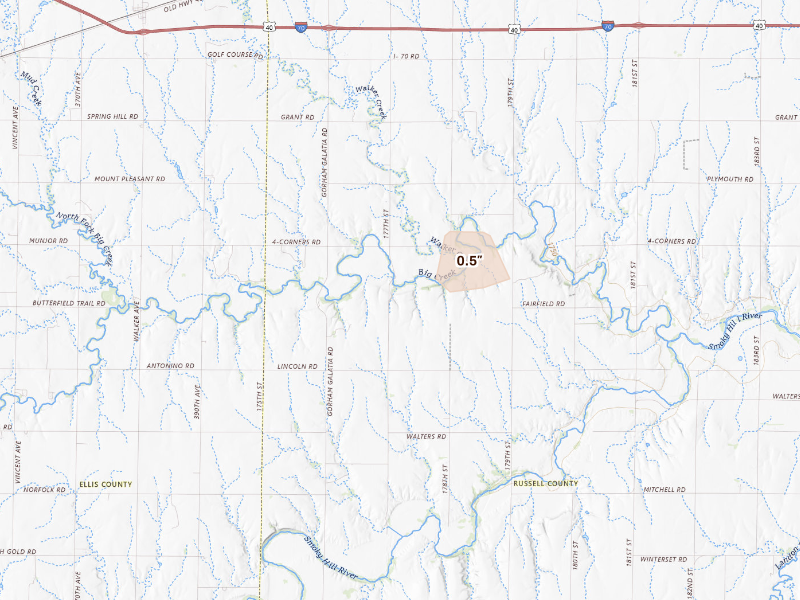Radar-estimated hail-size map of the storm over Gorham, KS on Sep 19, 2026