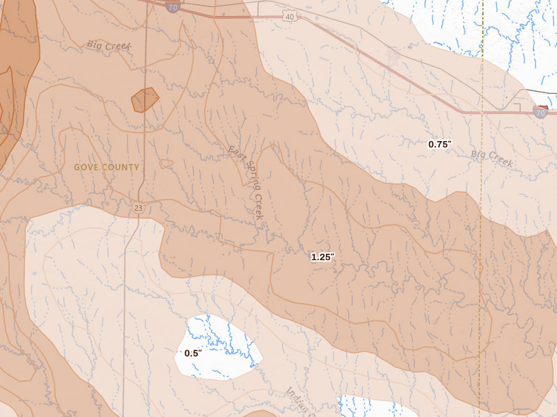 Radar-estimated hail-size map of the storm over Gove, KS on Jun 20, 2026