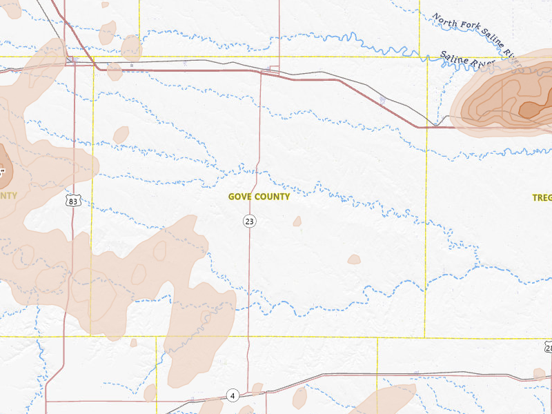 Radar-estimated hail-size map of the storm over Gove, KS on Jul 3, 2026
