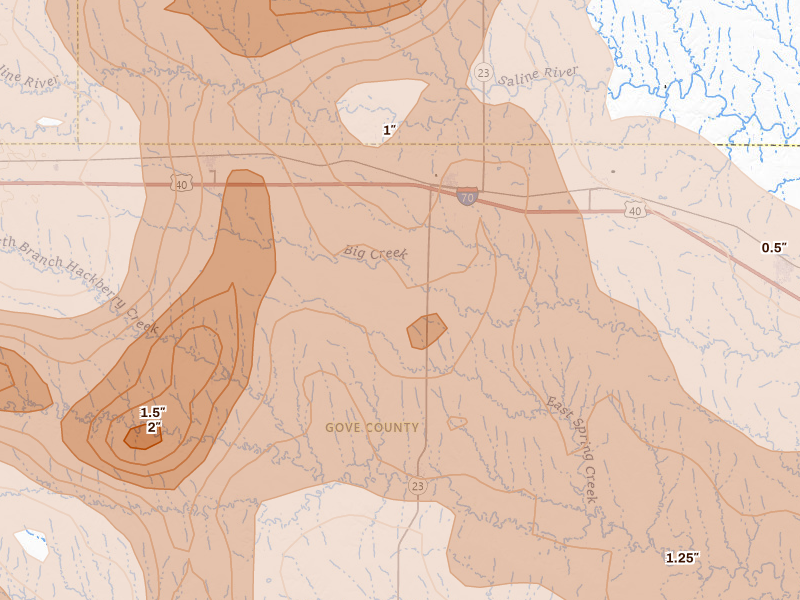 Radar-estimated hail-size map of the storm over Grainfield, KS on Jun 20, 2026