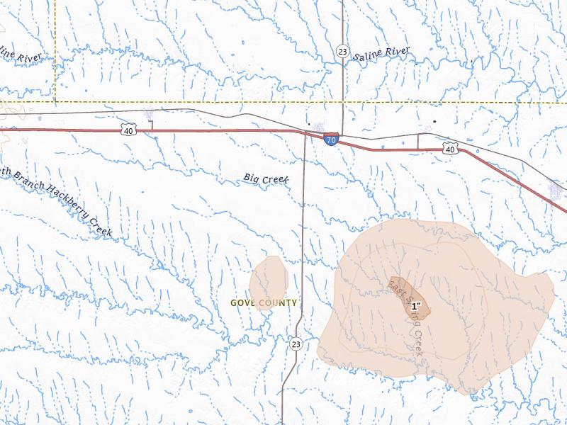Radar-estimated hail-size map of the storm over Grainfield, KS on Jun 24, 2026