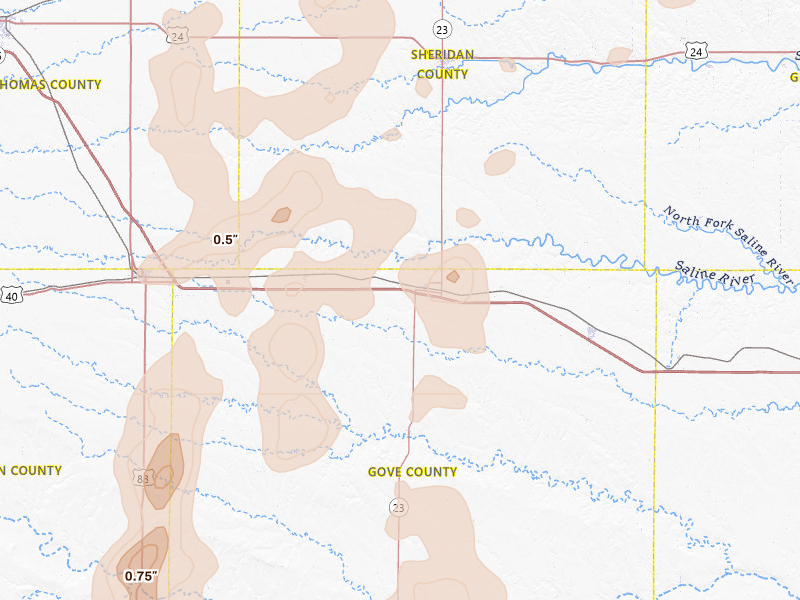 Radar-estimated hail-size map of the storm over Grainfield, KS on Aug 13, 2026