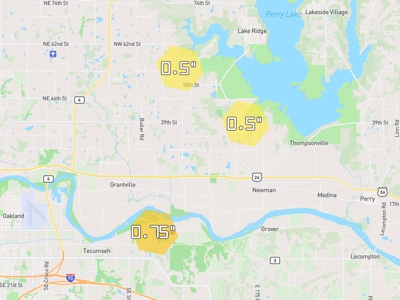 Hail map of Grantville, KS on Jun 9, 2026, hail up to 0.75"