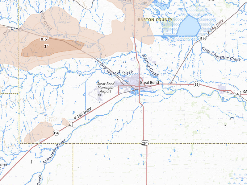 Radar-estimated hail-size map of the storm over Great Bend, KS on Apr 9, 2026