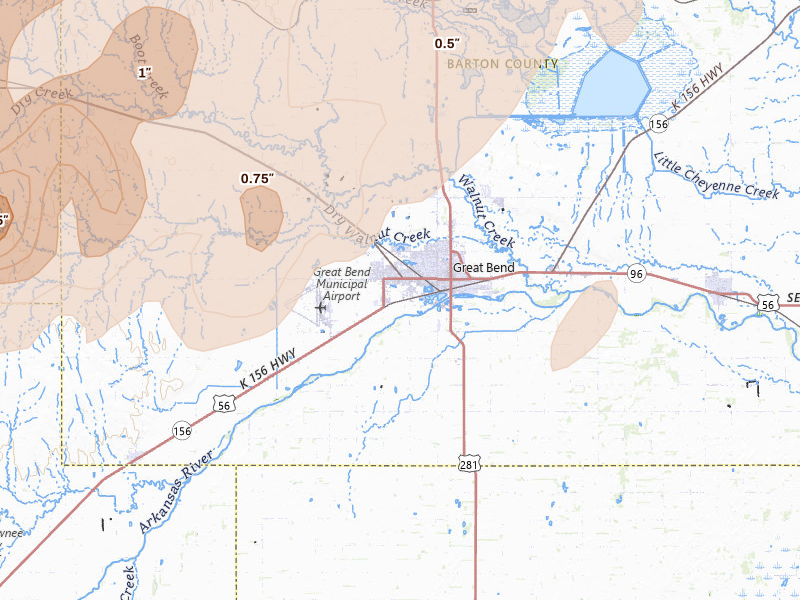 Radar-estimated hail-size map of the storm over Great Bend, KS on May 17, 2026