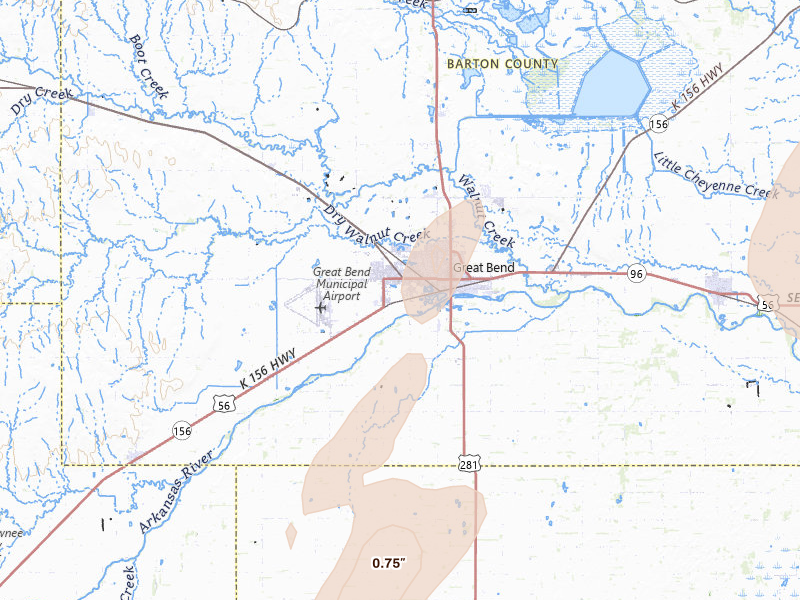 Radar-estimated hail-size map of the storm over Great Bend, KS on May 29, 2026