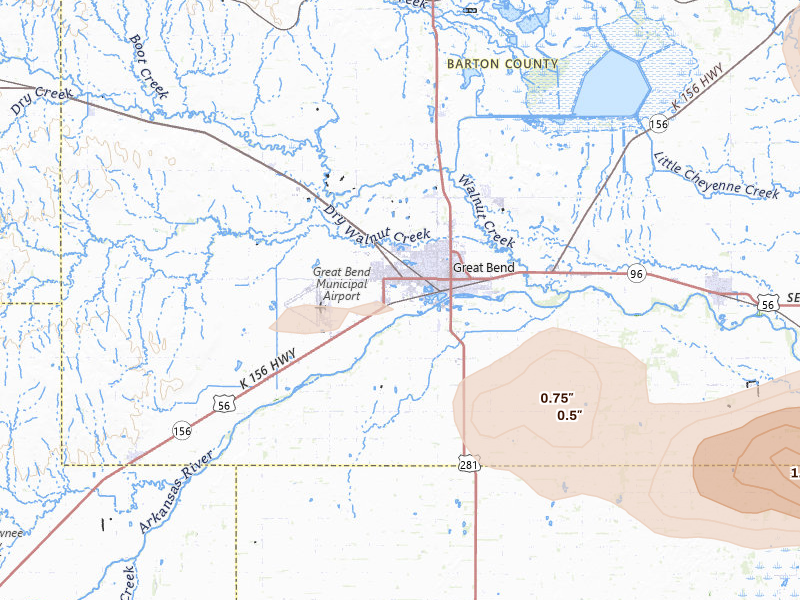 Radar-estimated hail-size map of the storm over Great Bend, KS on Jun 10, 2026