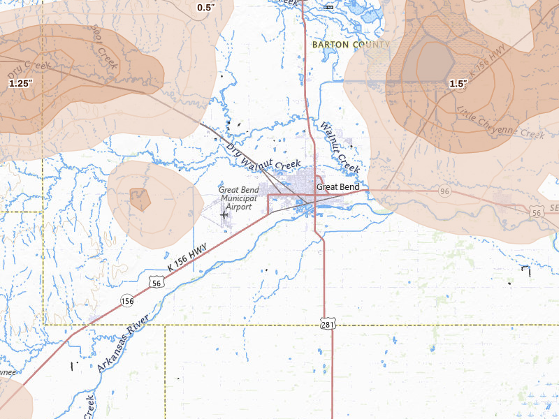 Radar-estimated hail-size map of the storm over Great Bend, KS