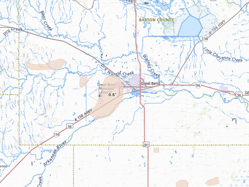 Radar-estimated hail-size map of the storm over Great Bend, KS on Jun 20, 2026