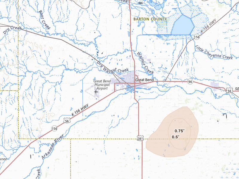 Radar-estimated hail-size map of the storm over Great Bend, KS on Jul 4, 2026