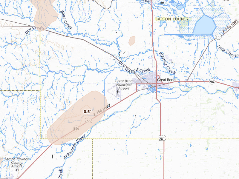 Radar-estimated hail-size map of the storm over Great Bend, KS on Aug 13, 2026