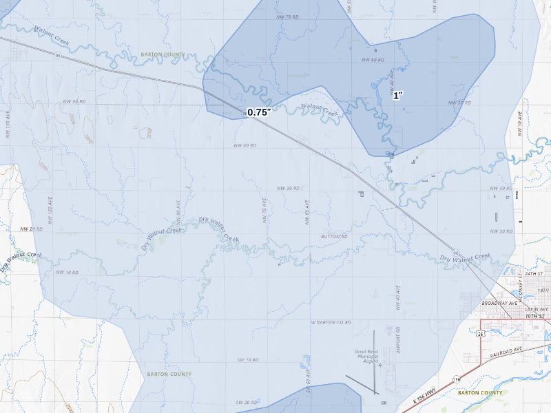 NEXRAD radar-signature map of the hail storm over Great Bend, KS on Aug 13, 2026