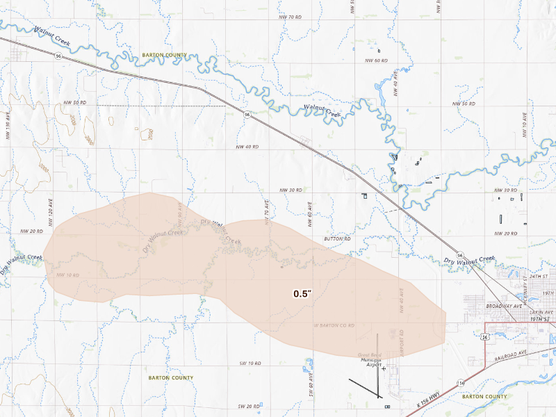 Radar-estimated hail-size map of the storm over Great Bend, KS on Sep 12, 2026