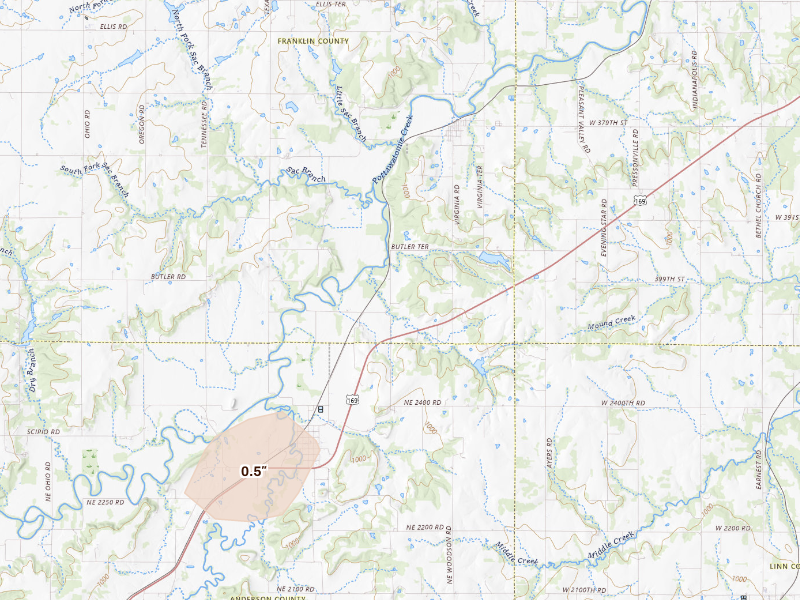 Radar-estimated hail-size map of the storm over Greeley, KS