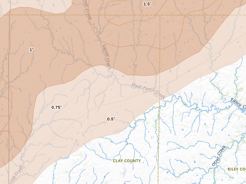 Radar-estimated hail-size map of the storm over Green, KS on May 18, 2026