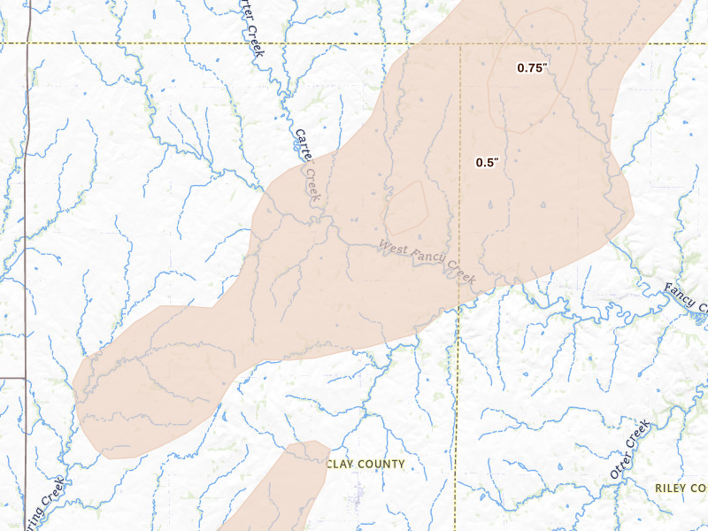 Radar-estimated hail-size map of the storm over Green, KS on Jun 4, 2026