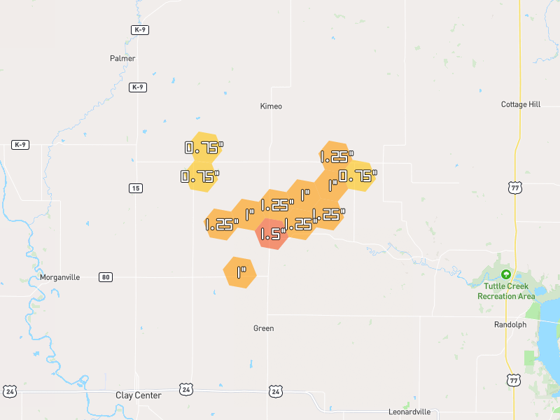 Hail map of Green, KS on Jun 4, 2026, hail up to 1.5"