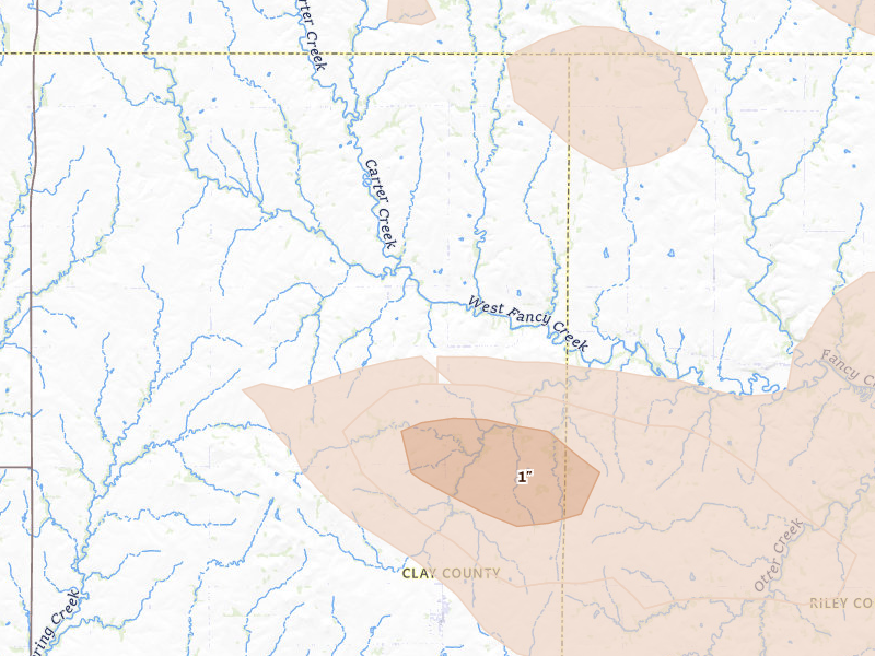 Radar-estimated hail-size map of the storm over Green, KS on Aug 6, 2026