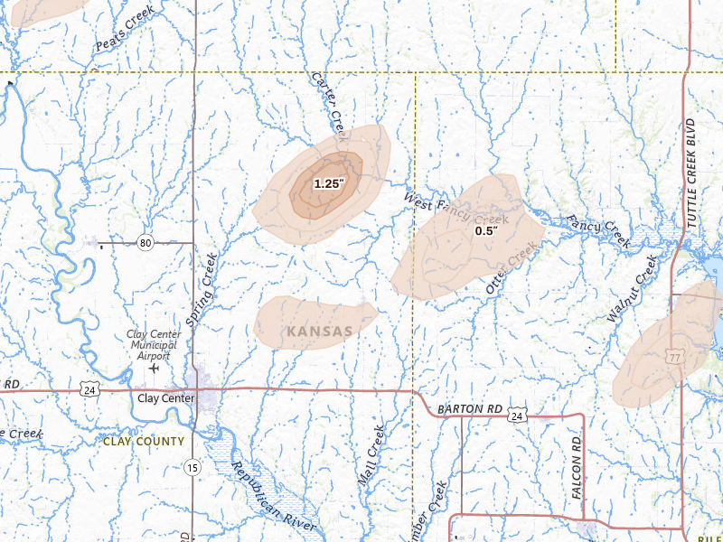 Radar-estimated hail-size map of the storm over Green, KS on Aug 14, 2026