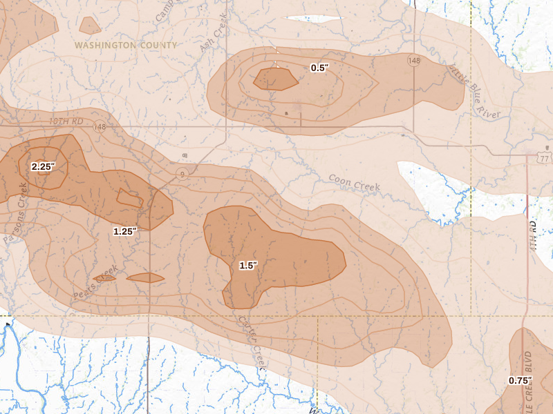 Radar-estimated hail-size map of the storm over Greenleaf, KS on Apr 9, 2026