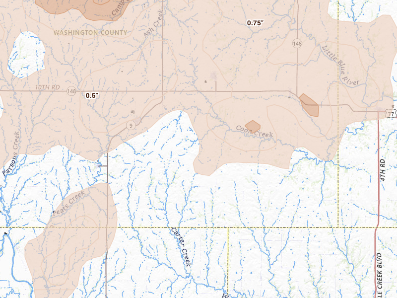 Radar-estimated hail-size map of the storm over Greenleaf, KS on May 17, 2026