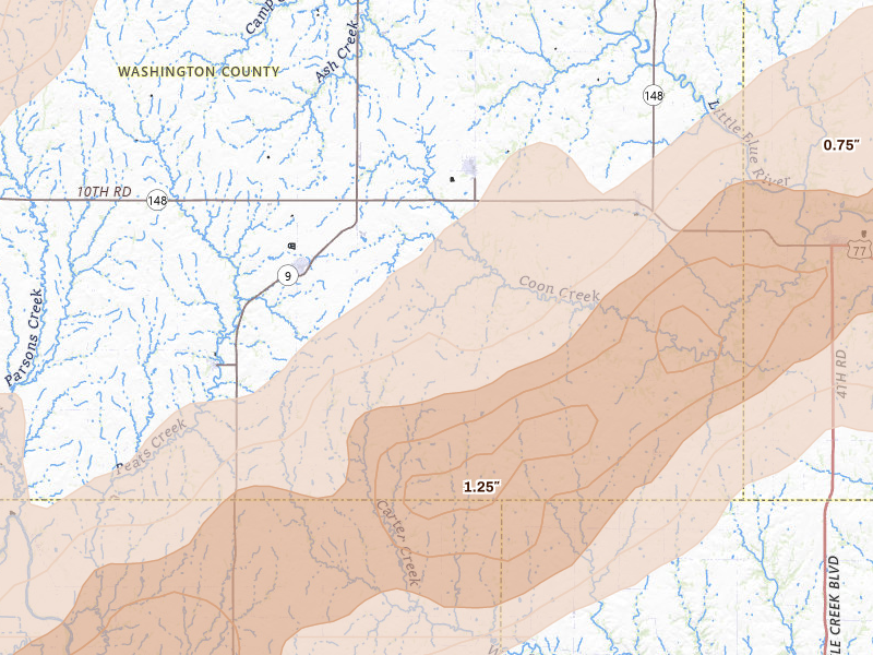 Radar-estimated hail-size map of the storm over Greenleaf, KS on May 18, 2026