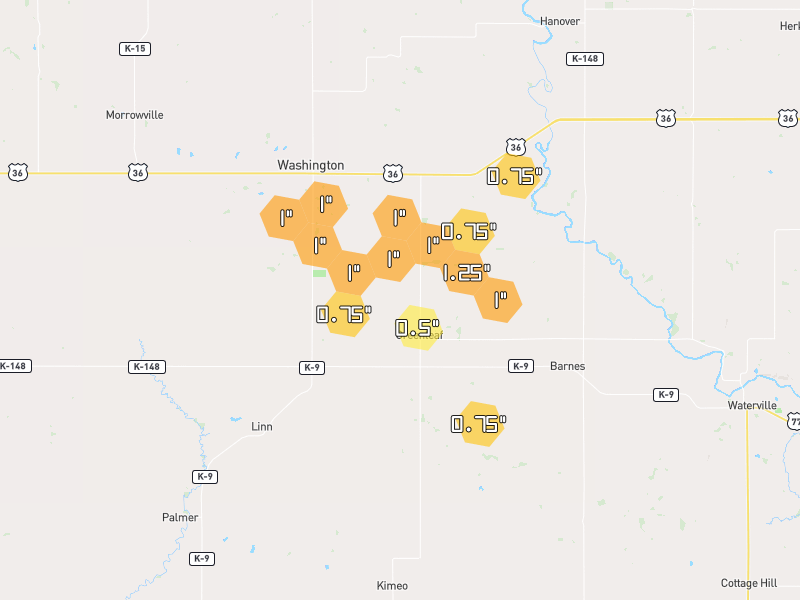 Hail map of Greenleaf, KS on Jul 4, 2026, hail up to 1.25"