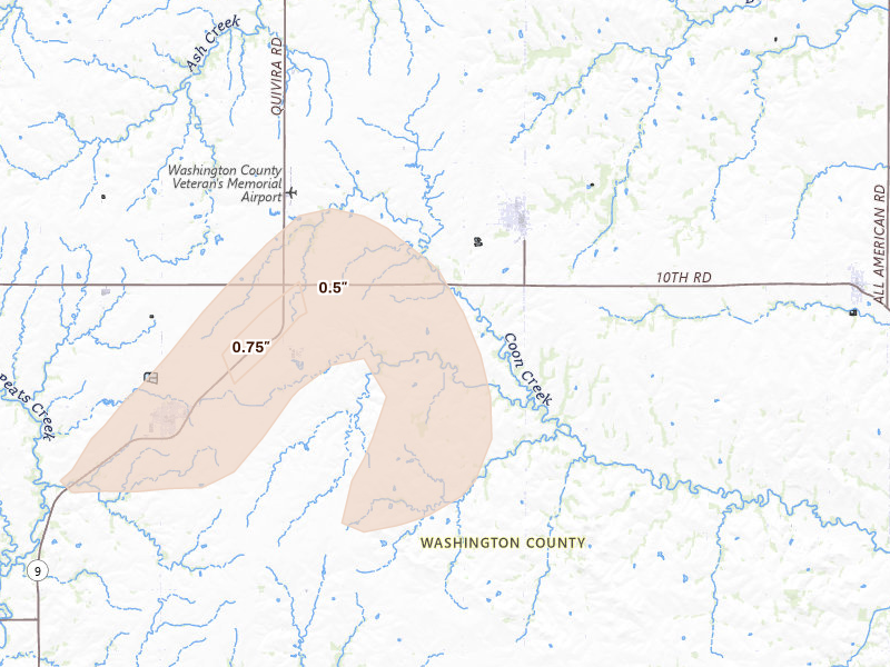 Radar-estimated hail-size map of the storm over Greenleaf, KS on Aug 14, 2026