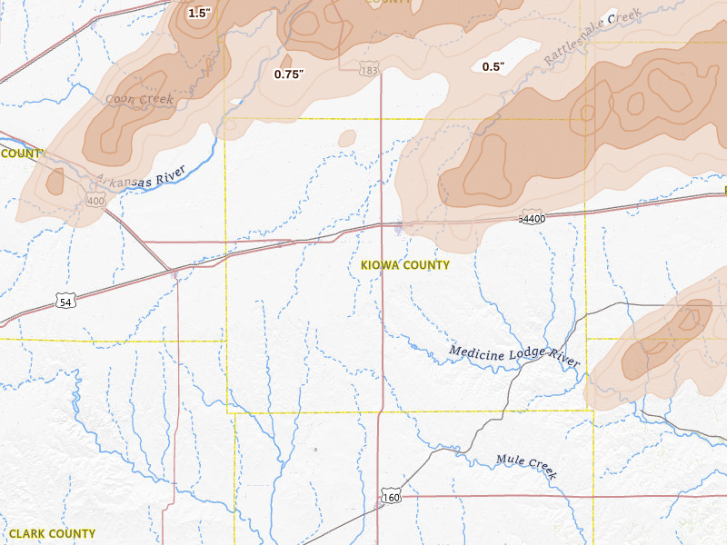 Radar-estimated hail-size map of the storm over Greensburg, KS on May 18, 2026